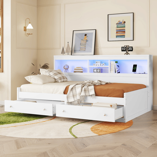 Sofá-cama 90x200 cm - com tomada USB e 2 gavetas - base de ripas - Branco