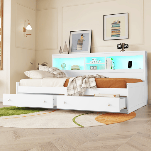 Sofá-cama 90x200 cm - com tomada USB e 2 gavetas - base de ripas - Branco