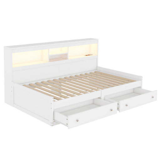 Sofá-cama 90x200 cm - com tomada USB e 2 gavetas - base de ripas - Branco