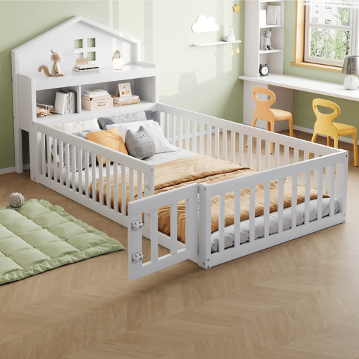 Cama infantil 90x200 - Estrutura em madeira maciça, grade, com prateleiras e espaço de arrumação, com grelha e porta, branca
