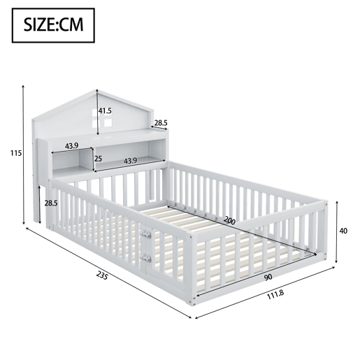 Cama infantil 90x200 - Estrutura em madeira maciça, grade, com prateleiras e espaço de arrumação, com grelha e porta, branca