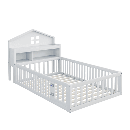 Cama infantil 90x200 - Estrutura em madeira maciça, grade, com prateleiras e espaço de arrumação, com grelha e porta, branca