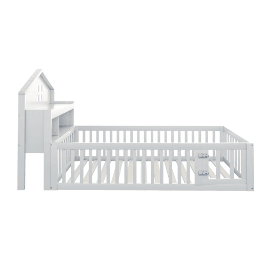 Cama infantil 90x200 - Estrutura em madeira maciça, grade, com prateleiras e espaço de arrumação, com grelha e porta, branca