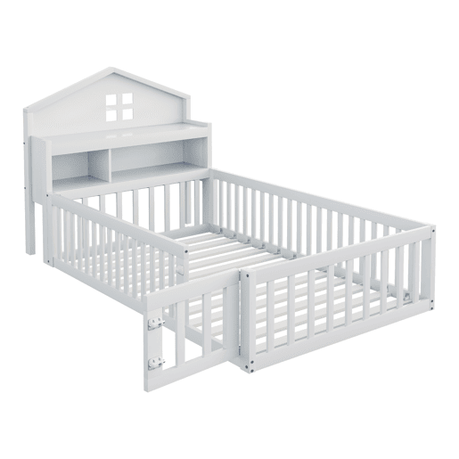 Cama infantil 90x200 - Estrutura em madeira maciça, grade, com prateleiras e espaço de arrumação, com grelha e porta, branca