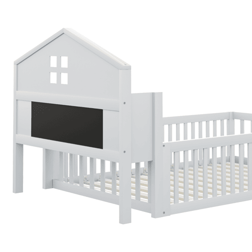 Cama infantil 90x200 - Estrutura em madeira maciça, grade, com prateleiras e espaço de arrumação, com grelha e porta, branca