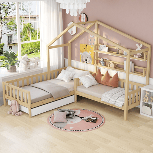 Cama de cabina 90x200cm + 140x70cm em madeira maciça - com gavetas e prateleiras + estrado - Natural