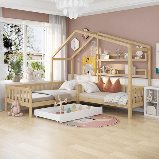 Cama de cabina 90x200cm + 140x70cm em madeira maciça - com gavetas e prateleiras + estrado - Natural