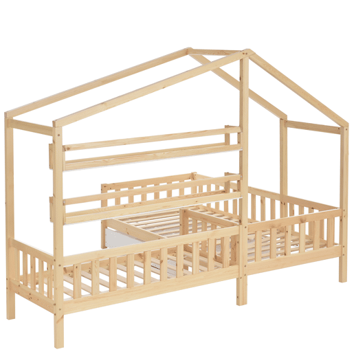 Cama de cabina 90x200cm + 140x70cm em madeira maciça - com gavetas e prateleiras + estrado - Natural