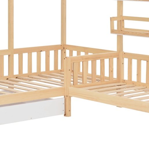 Cama de cabina 90x200cm + 140x70cm em madeira maciça - com gavetas e prateleiras + estrado - Natural
