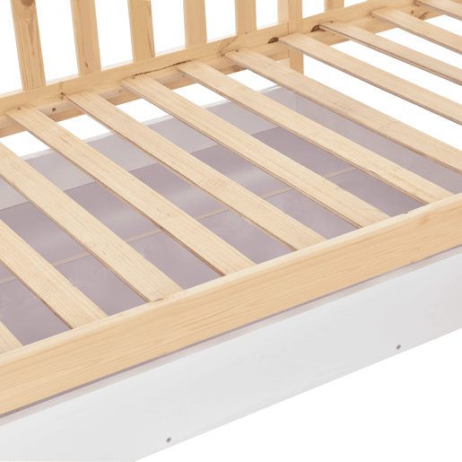 Cama de cabina 90x200cm + 140x70cm em madeira maciça - com gavetas e prateleiras + estrado - Natural