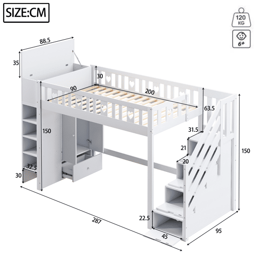 Cama alta de madeira 90 x 200 cm com vários espaços de arrumação e escada de arrumação - branco