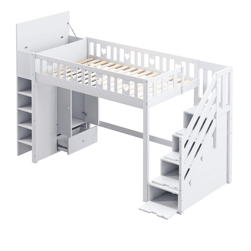 Cama alta de madeira 90 x 200 cm com vários espaços de arrumação e escada de arrumação - branco