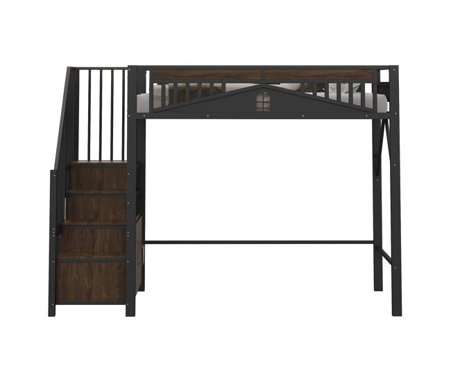Cama alta metálica 90x200 cm - casa de seguridad única con ventana, escalera de seguridad con armario - negro