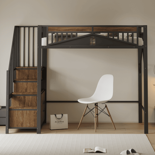 Cama alta metálica 90x200 cm - Casa de segurança única com janela, escada de segurança com armário - Preto