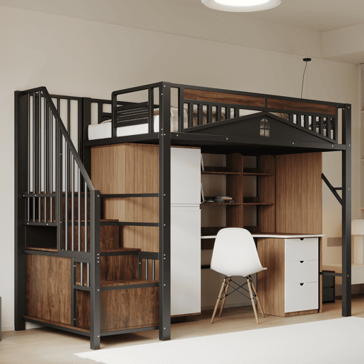 Cama alta metálica 90x200 cm - Casa de segurança única com janela, escada de segurança com armário - Preto