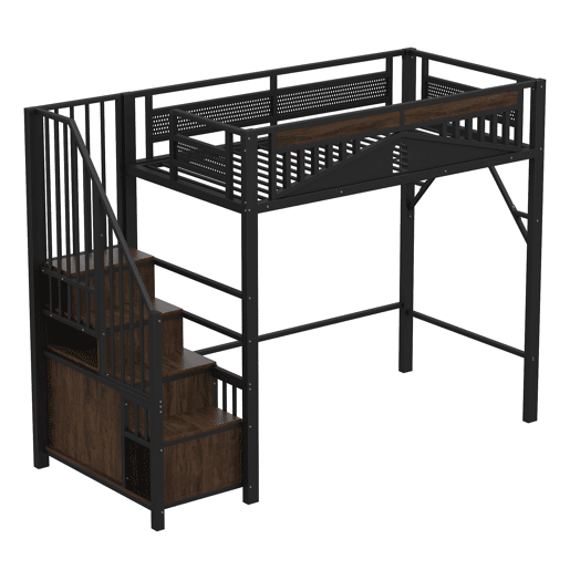 Cama alta metálica 90x200 cm - Casa de segurança única com janela, escada de segurança com armário - Preto