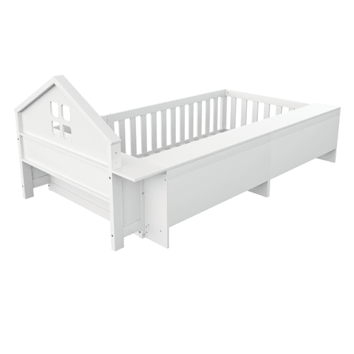 Cama infantil 90x200 cm - Com telhado, janela, arrumação, grade de segurança e porta - Branca