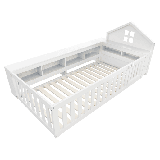 Cama infantil 90x200 cm - Com telhado, janela, arrumação, grade de segurança e porta - Branca