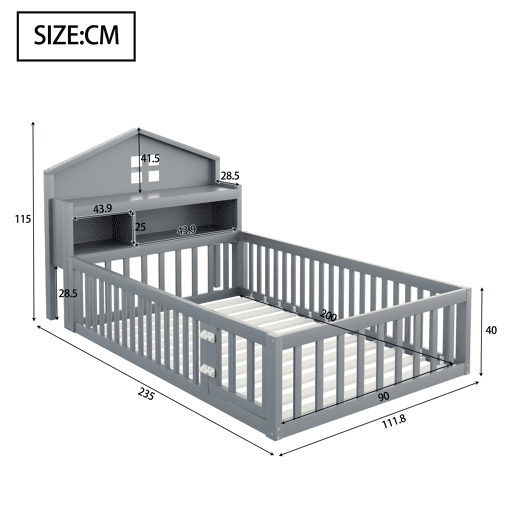 Cama infantil 90x200 - Estrutura em madeira maciça, com prateleiras, proteção e grade, cinza