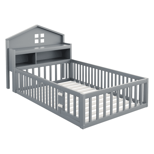 Cama infantil 90x200 - Estrutura em madeira maciça, com prateleiras, proteção e grade, cinza