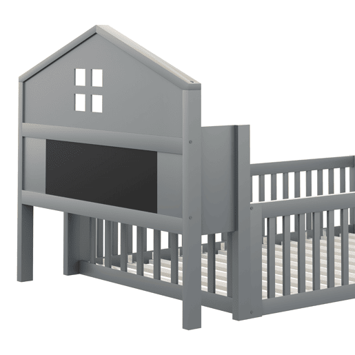 Cama infantil 90x200 - Estrutura em madeira maciça, com prateleiras, proteção e grade, cinza