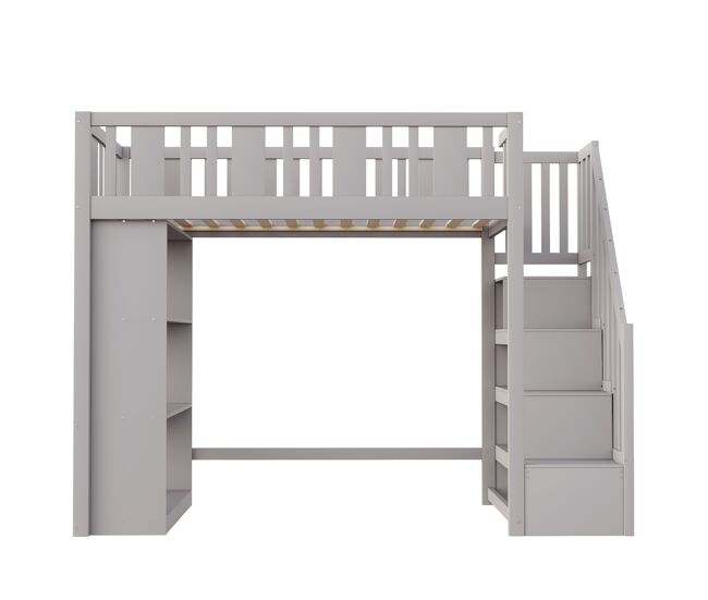 Cama alta 90x200 cm - cama infantil con escalera de almacenamiento, múltiples compartimentos, cama funcional, cama juvenil, cama de madera - gris