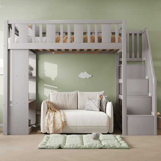 Cama alta 90x200 cm - Cama infantil com escada de arrumação, vários compartimentos, cama funcional, cama juvenil, cama de madeira - Cinza