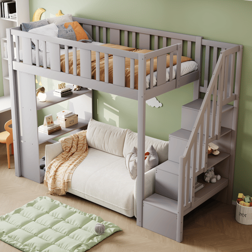 Cama alta 90x200 cm - Cama infantil com escada de arrumação, vários compartimentos, cama funcional, cama juvenil, cama de madeira - Cinza