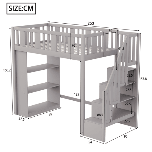 Cama alta 90x200 cm - Cama infantil com escada de arrumação, vários compartimentos, cama funcional, cama juvenil, cama de madeira - Cinza