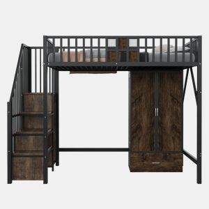 Cama alta metálica 90x200 - Design com grade de madeira e grade metálica, com armário, gavetas e escada de armazenamento, Preto
