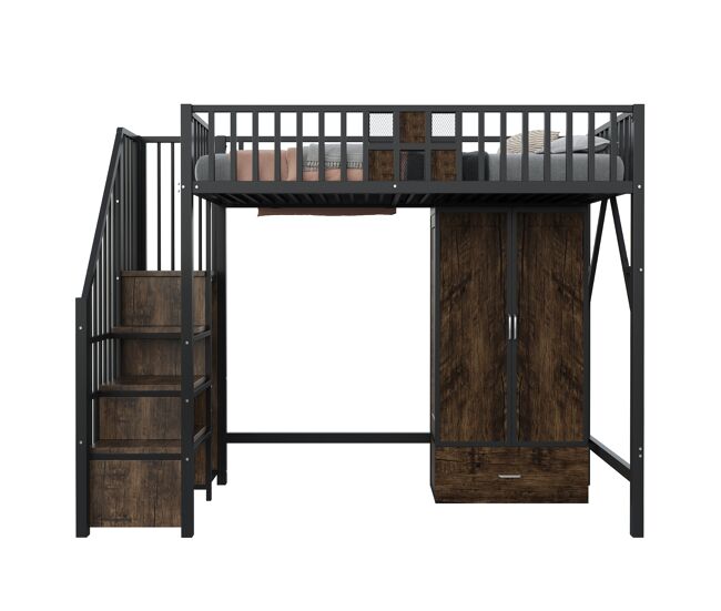 Cama alta metálica 90x200 - diseño con barandilla de madera y rejilla metálica, con armario, cajones y escalera de almacenamiento, negro