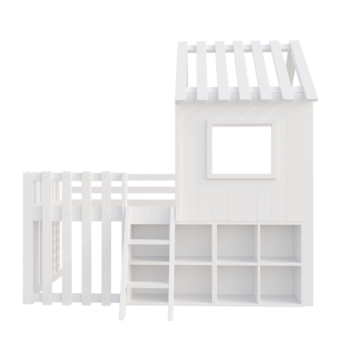 Cama infantil 90x200 - con techo, ventana, espacio de almacenamiento abierto, escalera de escalada, sin colchón - blanco