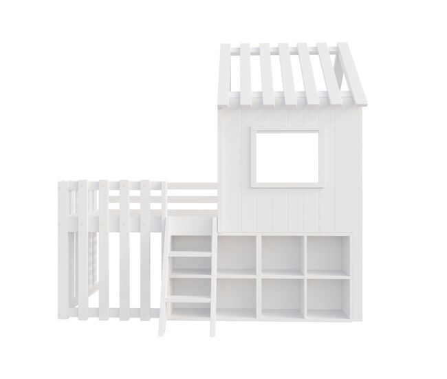 Cama infantil 90x200 - con techo, ventana, espacio de almacenamiento abierto, escalera de escalada, sin colchón - blanco