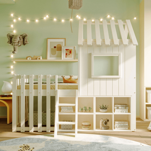 Cama infantil 90x200 - com teto, janela, espaço de armazenamento aberto, escada de escalada, sem colchão - branco Cama infantil 90x200 - com teto, janela, espaço de armazenamento aberto, escada de escalada, sem colchão - branco