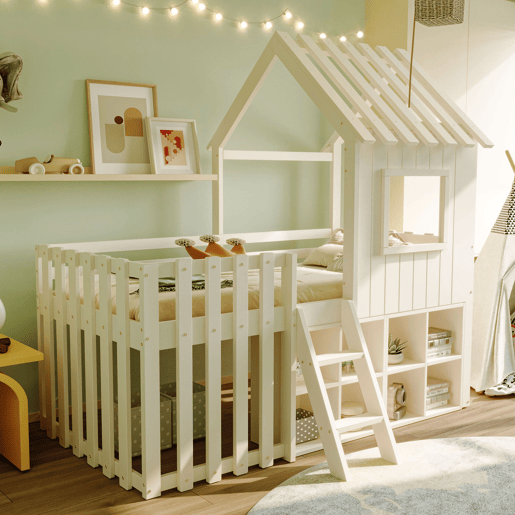 Cama infantil 90x200 - com teto, janela, espaço de armazenamento aberto, escada de escalada, sem colchão - branco Cama infantil 90x200 - com teto, janela, espaço de armazenamento aberto, escada de escalada, sem colchão - branco