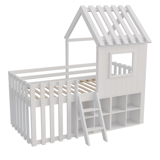 Cama infantil 90x200 - com teto, janela, espaço de armazenamento aberto, escada de escalada, sem colchão - branco Cama infantil 90x200 - com teto, janela, espaço de armazenamento aberto, escada de escalada, sem colchão - branco