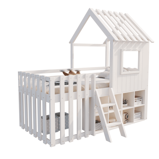 Cama infantil 90x200 - com teto, janela, espaço de armazenamento aberto, escada de escalada, sem colchão - branco Cama infantil 90x200 - com teto, janela, espaço de armazenamento aberto, escada de escalada, sem colchão - branco