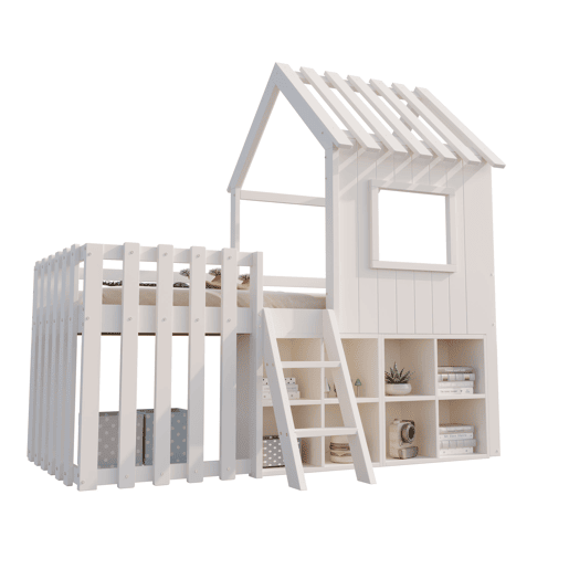 Cama infantil 90x200 - com teto, janela, espaço de armazenamento aberto, escada de escalada, sem colchão - branco Cama infantil 90x200 - com teto, janela, espaço de armazenamento aberto, escada de escalada, sem colchão - branco
