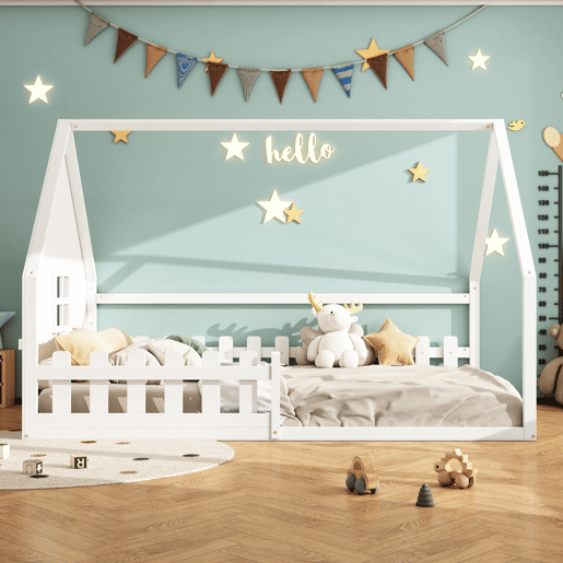 Cama de cabina para crianças 140x200 cm - Forma de casa de campo - Pinho e MDF - Branco