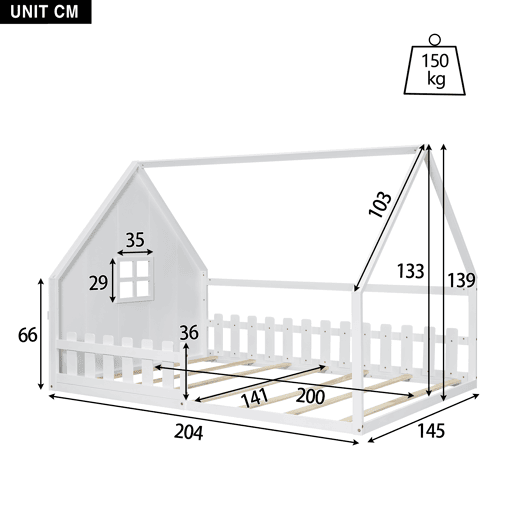 Cama de cabina para crianças 140x200 cm - Forma de casa de campo - Pinho e MDF - Branco