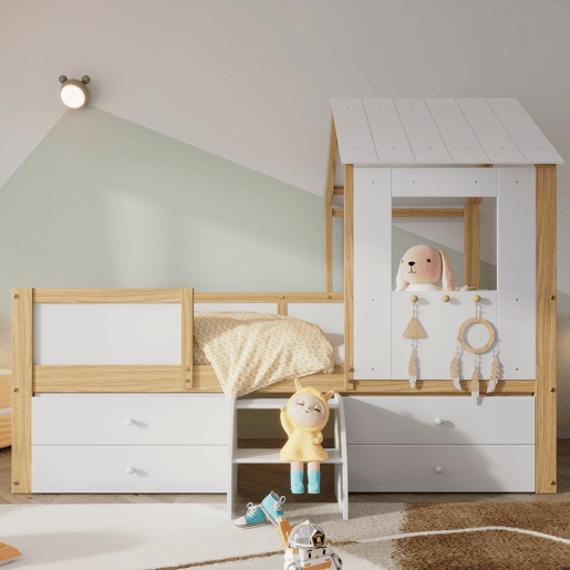 Cama de cabina 90x200 cm com barreira de segurança - com 4 gavetas e escada - em madeira de pinho e MDF - Branco e Natural Cama de cabina 90x200 cm com barreira de segurança - com 4 gavetas e escada - em madeira de pinho e MDF - Branco e Natural