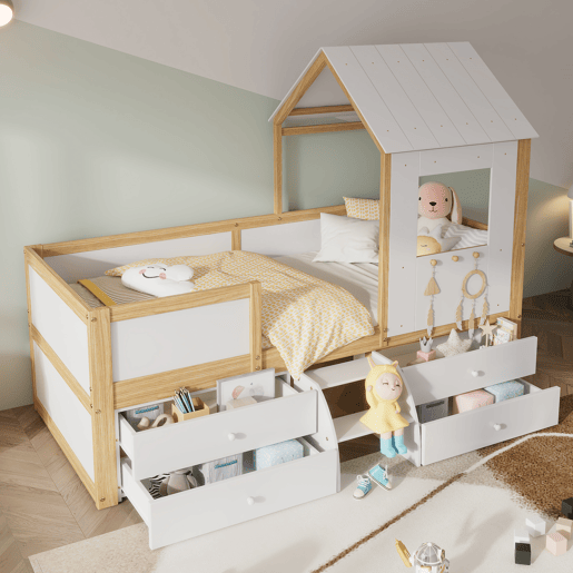 Cama de cabina 90x200 cm com barreira de segurança - com 4 gavetas e escada - em madeira de pinho e MDF - Branco e Natural Cama de cabina 90x200 cm com barreira de segurança - com 4 gavetas e escada - em madeira de pinho e MDF - Branco e Natural