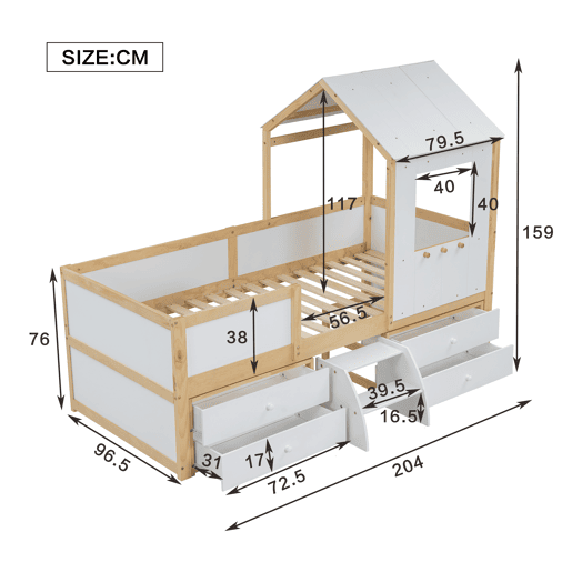 Cama de cabina 90x200 cm com barreira de segurança - com 4 gavetas e escada - em madeira de pinho e MDF - Branco e Natural Cama de cabina 90x200 cm com barreira de segurança - com 4 gavetas e escada - em madeira de pinho e MDF - Branco e Natural
