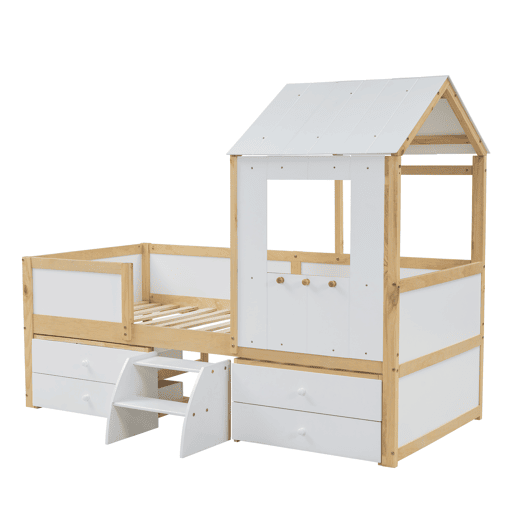 Cama de cabina 90x200 cm com barreira de segurança - com 4 gavetas e escada - em madeira de pinho e MDF - Branco e Natural Cama de cabina 90x200 cm com barreira de segurança - com 4 gavetas e escada - em madeira de pinho e MDF - Branco e Natural