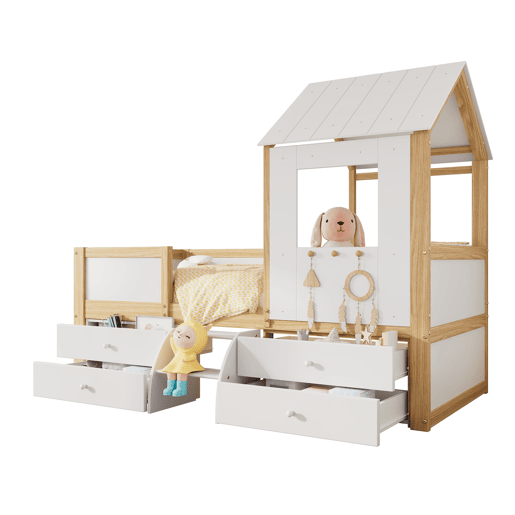 Cama de cabina 90x200 cm com barreira de segurança - com 4 gavetas e escada - em madeira de pinho e MDF - Branco e Natural Cama de cabina 90x200 cm com barreira de segurança - com 4 gavetas e escada - em madeira de pinho e MDF - Branco e Natural