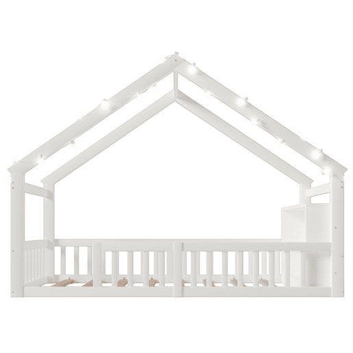 Cama baixa 90x190 cm - Berço com grades, estrutura em forma de casa, estilo minimalista, branco Cama baixa 90x190 cm - Berço com grades, estrutura em forma de casa, estilo minimalista, branco