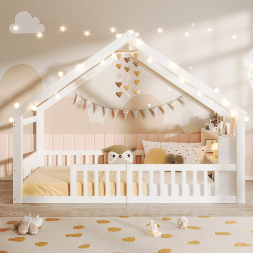 Cama baixa 90x190 cm - Berço com grades, estrutura em forma de casa, estilo minimalista, branco Cama baixa 90x190 cm - Berço com grades, estrutura em forma de casa, estilo minimalista, branco