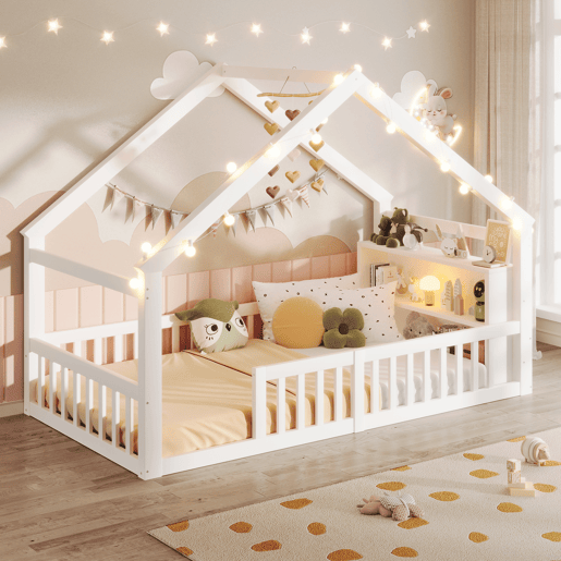 Cama baixa 90x190 cm - Berço com grades, estrutura em forma de casa, estilo minimalista, branco Cama baixa 90x190 cm - Berço com grades, estrutura em forma de casa, estilo minimalista, branco