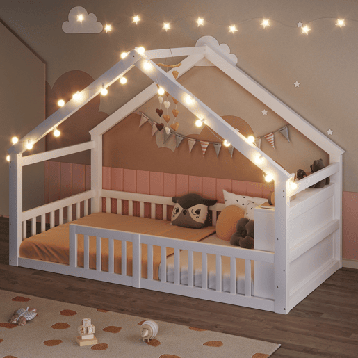 Cama baixa 90x190 cm - Berço com grades, estrutura em forma de casa, estilo minimalista, branco Cama baixa 90x190 cm - Berço com grades, estrutura em forma de casa, estilo minimalista, branco