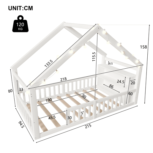 Cama baixa 90x190 cm - Berço com grades, estrutura em forma de casa, estilo minimalista, branco Cama baixa 90x190 cm - Berço com grades, estrutura em forma de casa, estilo minimalista, branco